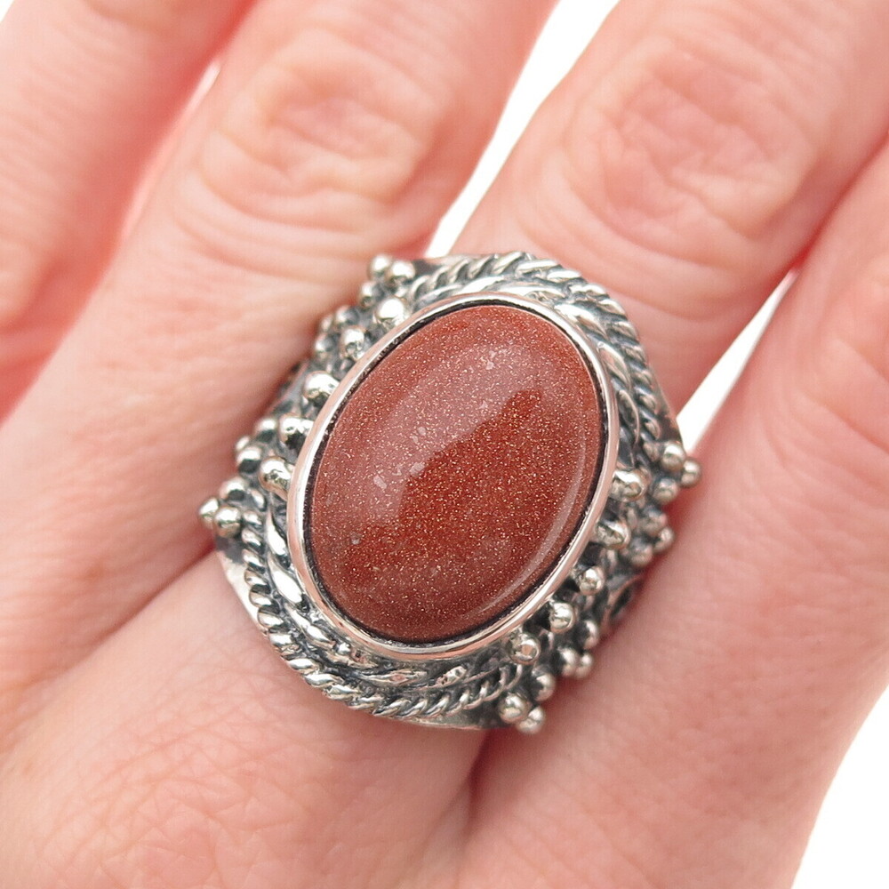 925 Sterling Silver Vintage Real Goldstone Modernist Oxidized Ring Size 9.75